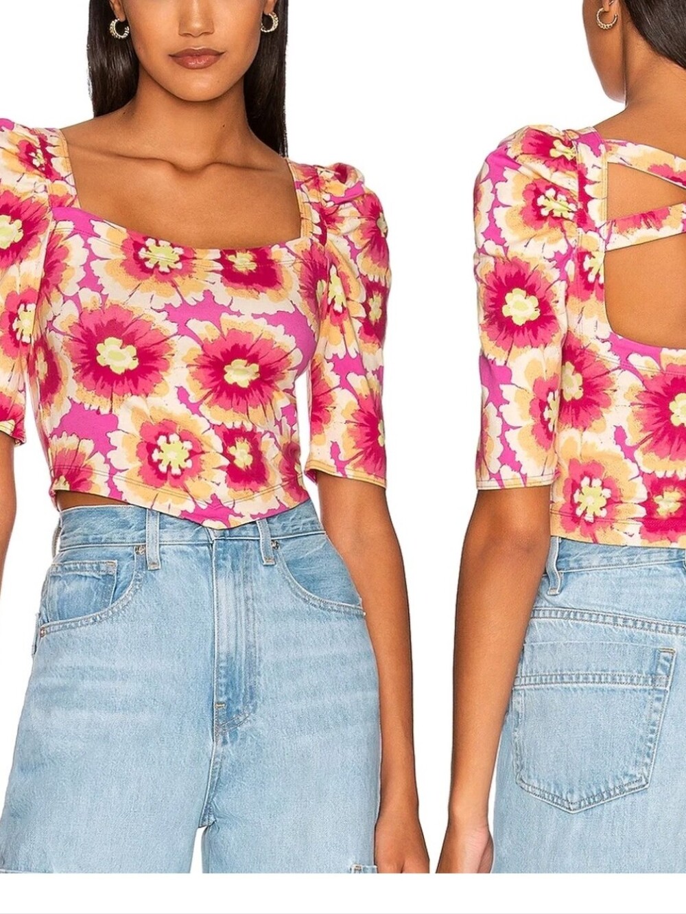 Free People NWT Give Me More Pink Multi Floral Half Sleeve Crop Top Size XS
